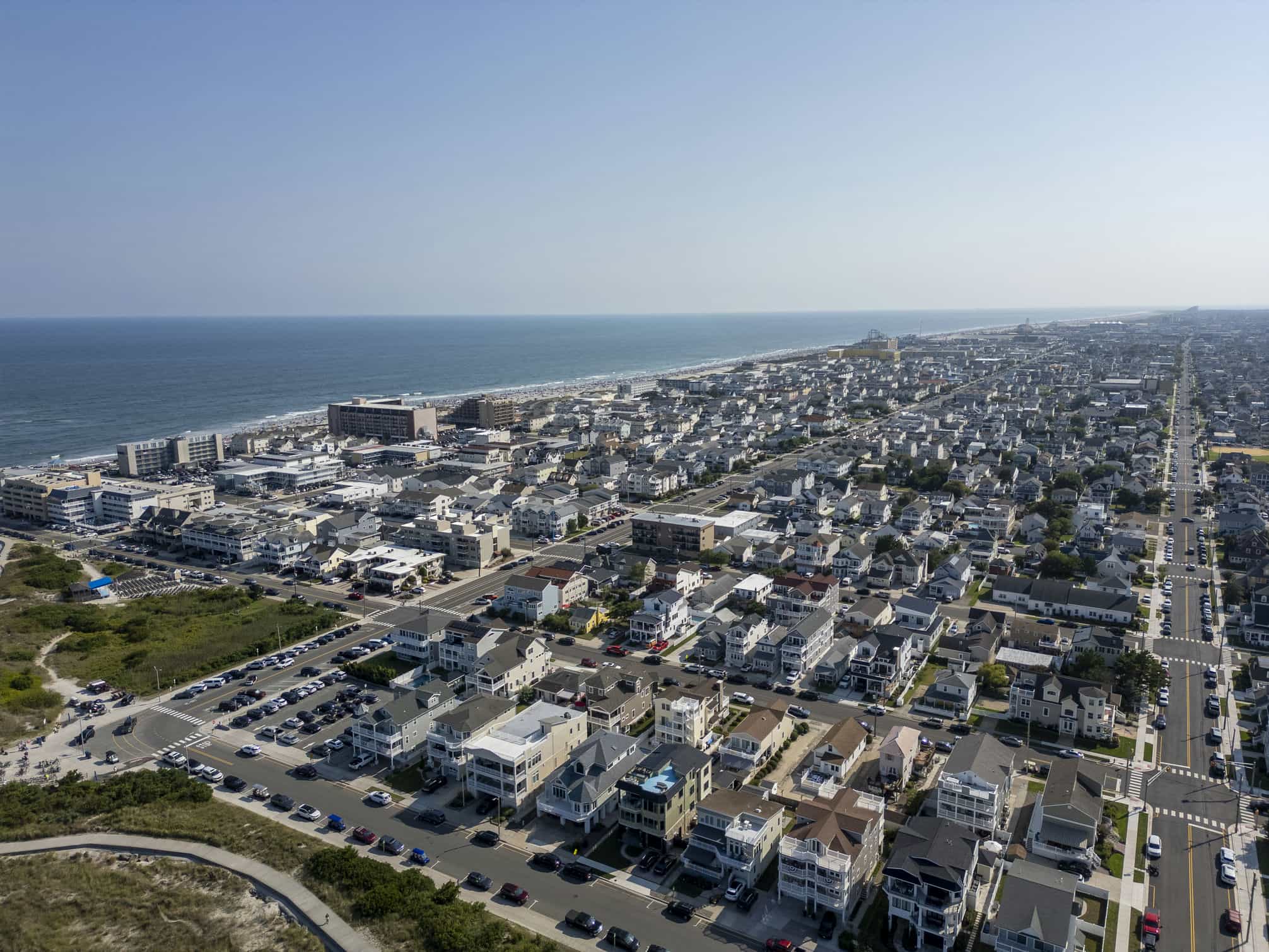 Aerial view of a coastal town and shoreline