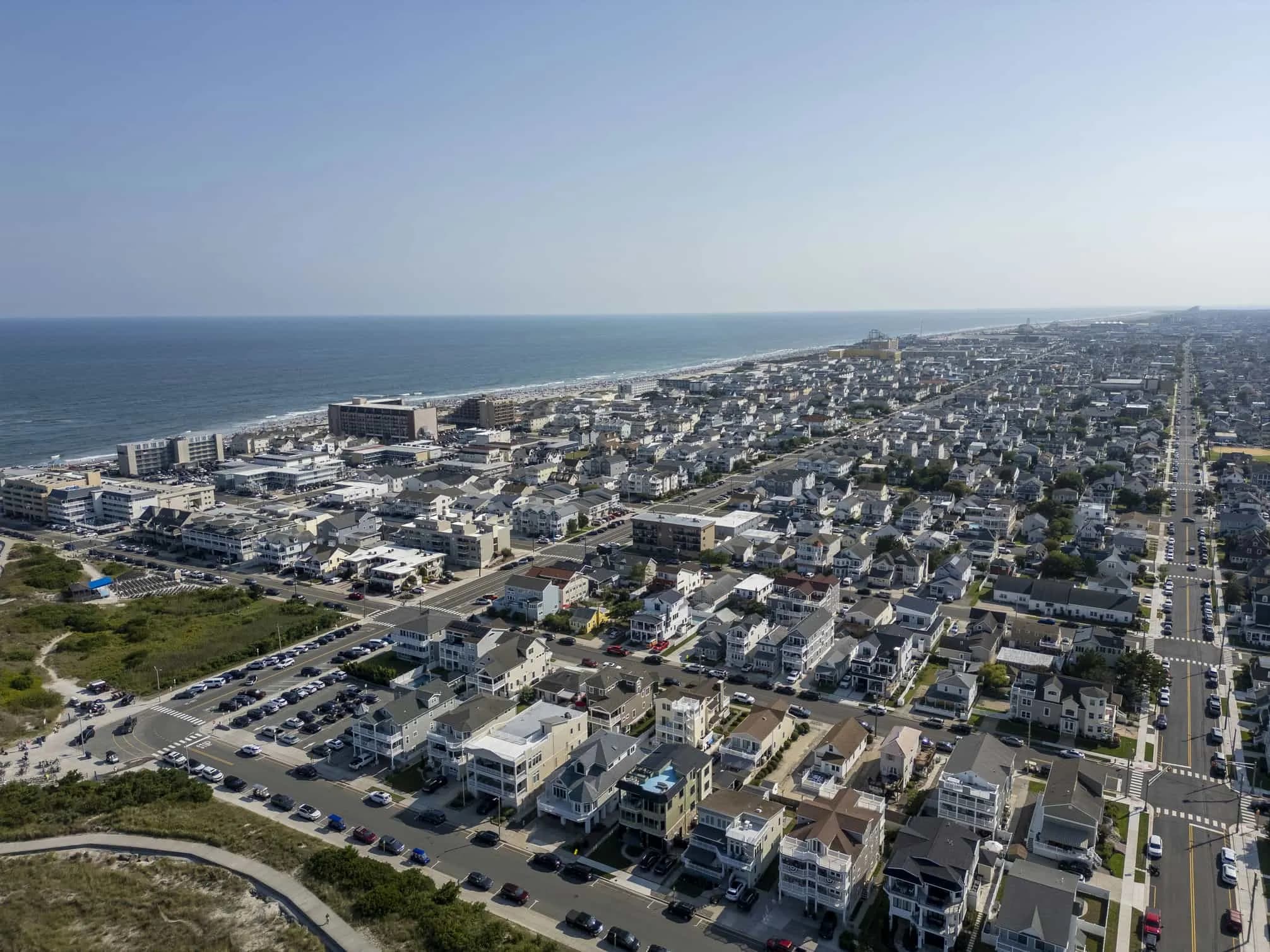 Aerial view of a coastal town and shoreline