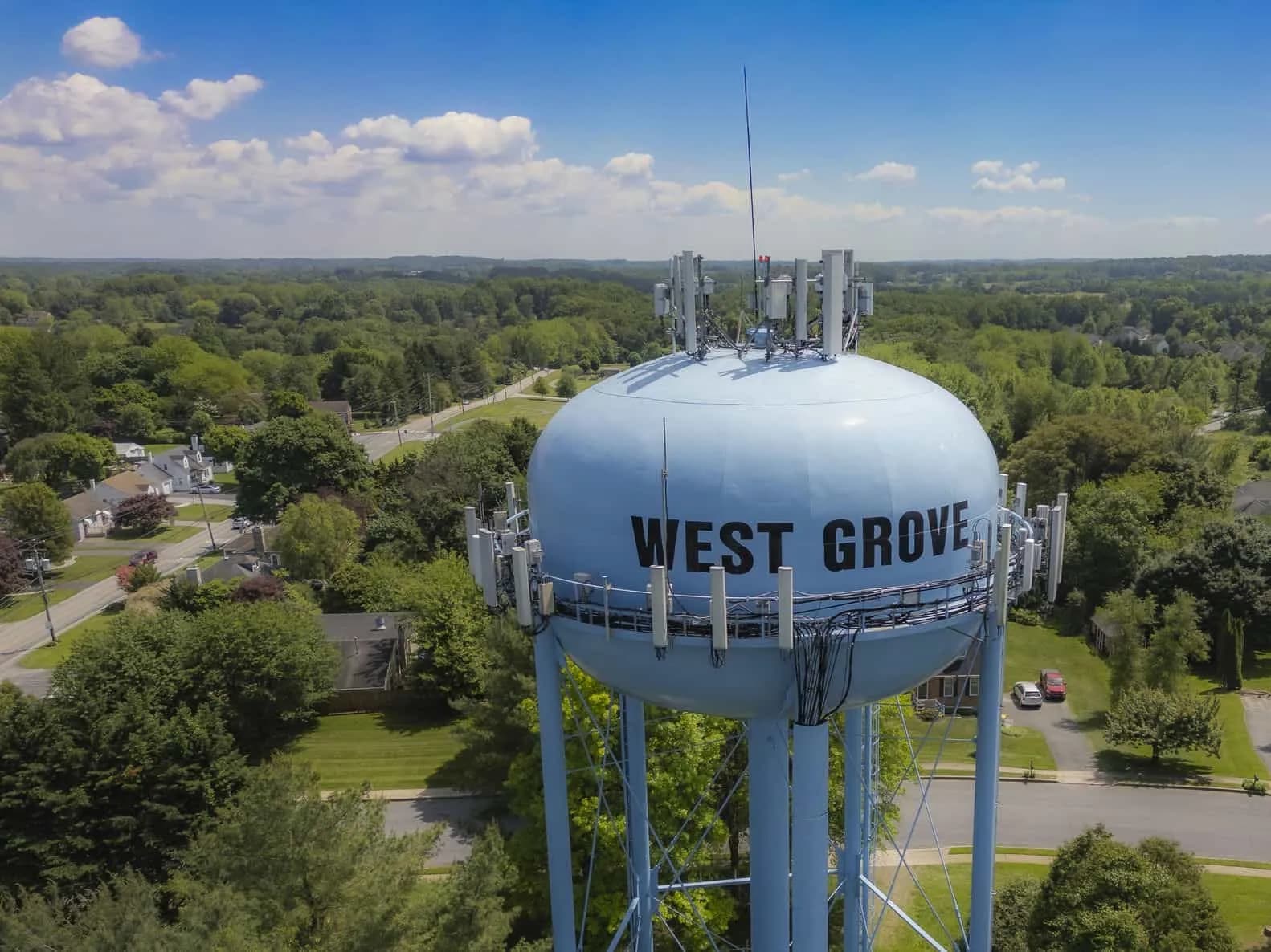 Aerial inspection view of the West Grove water tower